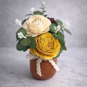 Sola Wood Flower Cream Burgundy Rose Arrangement in Gold Mason Jar, Home Decor